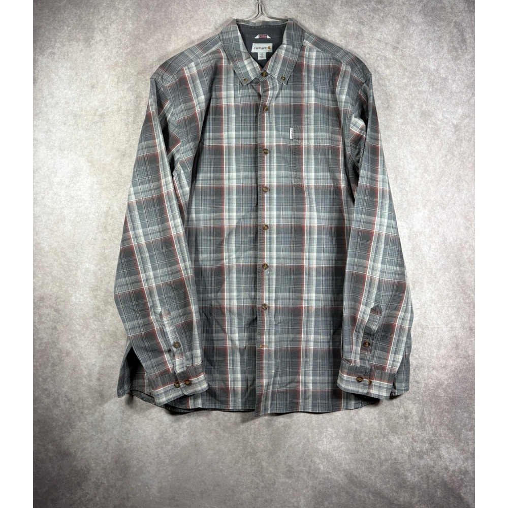Carhartt Button Down Shirt Mens 2XL Tall Gray Plaid Relaxed Fit Cotton Workwear